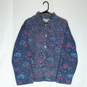 Tantrums Floral Denim Button Up Womens XL Shaggy Fray Quilted Long Sleeve Jacket